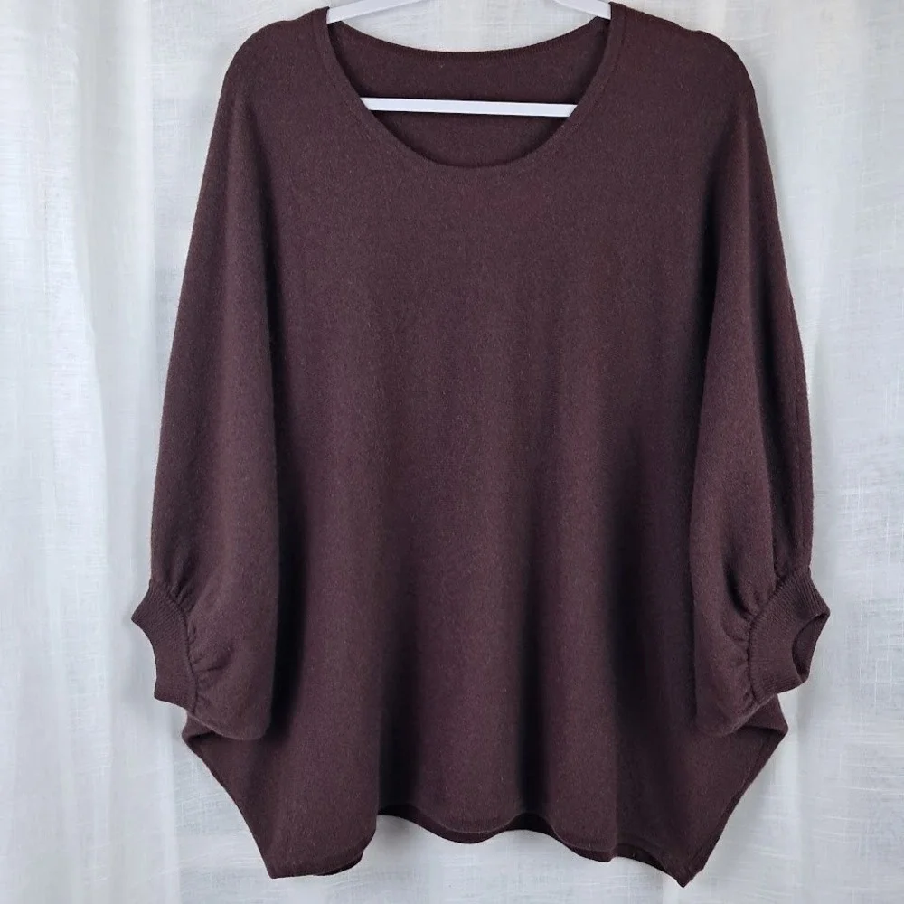 Garnet Hill M 100% Cashmere Batwing Cape Sweater Rich Brown Oversized Luxury